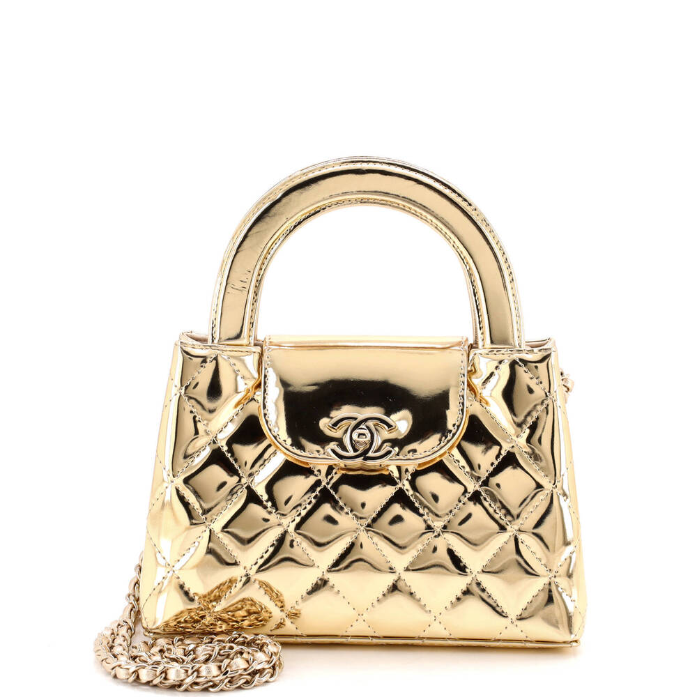 Chanel Mini Kelly Top Handle Shopping Bag Quilted Metallic Lambskin
